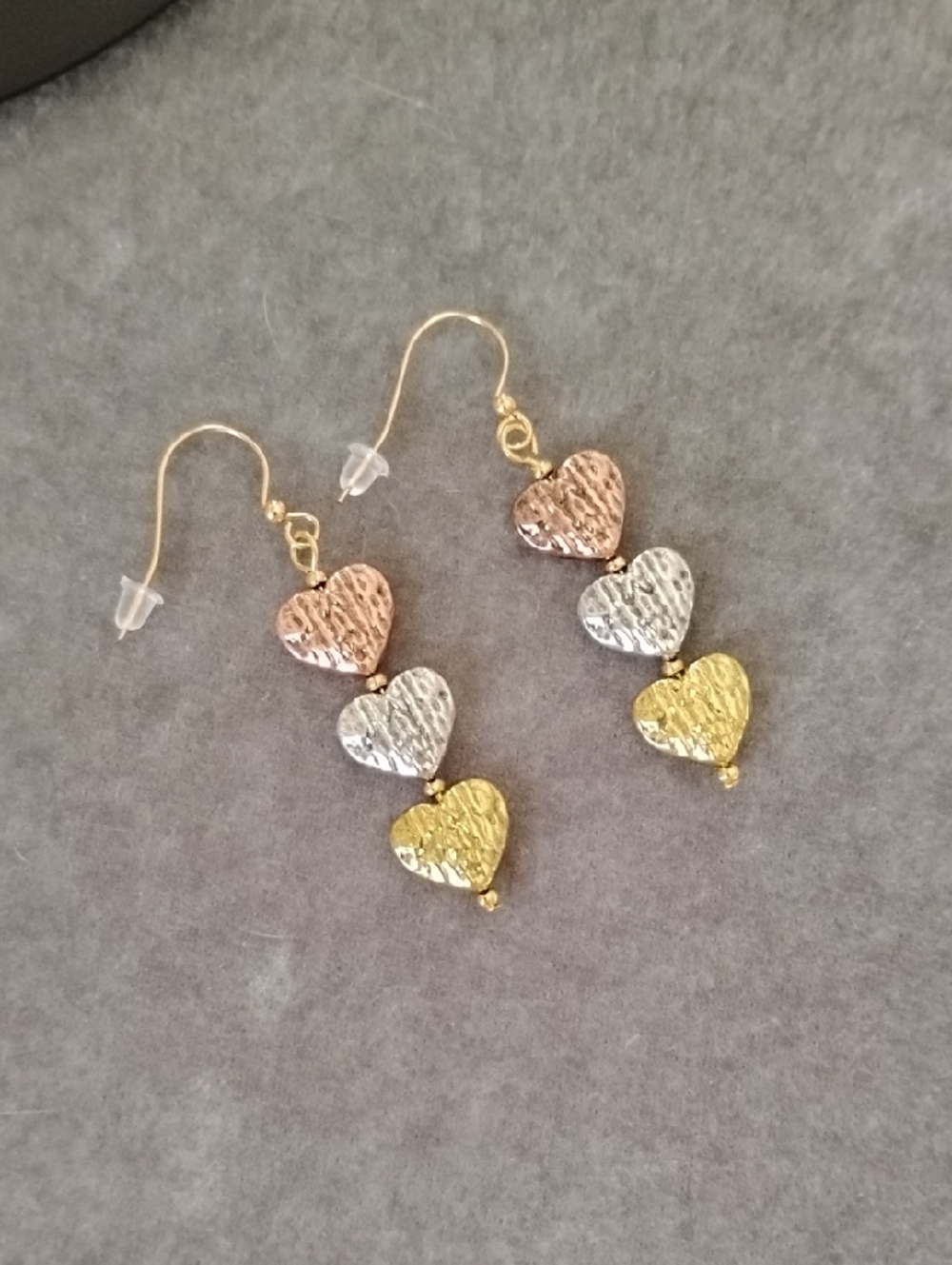 Hand Crafted Tri-Color Heart Dangle Earrings - Rose Gold, Silver & Gold